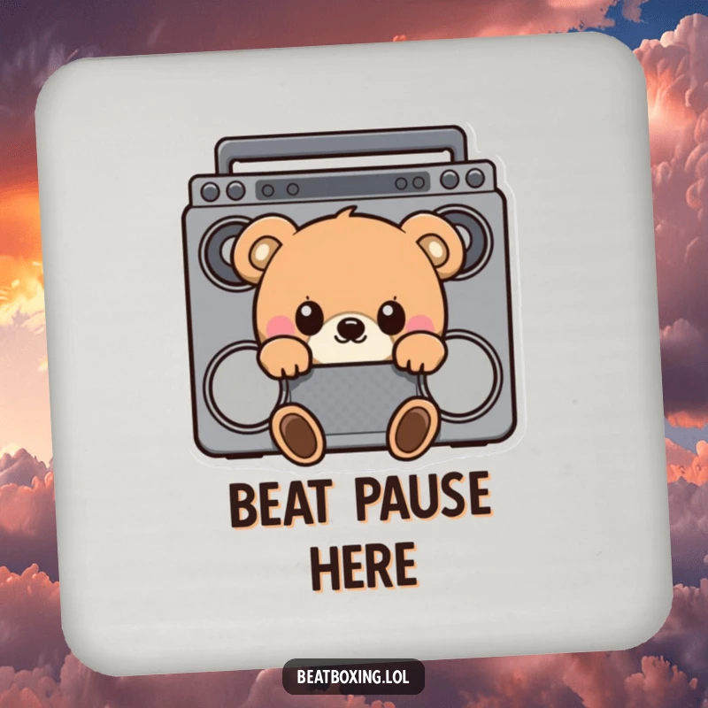 Funny coasters featuring a curious bear peeking from behind a boombox, adding musical flair and protection to surfaces.