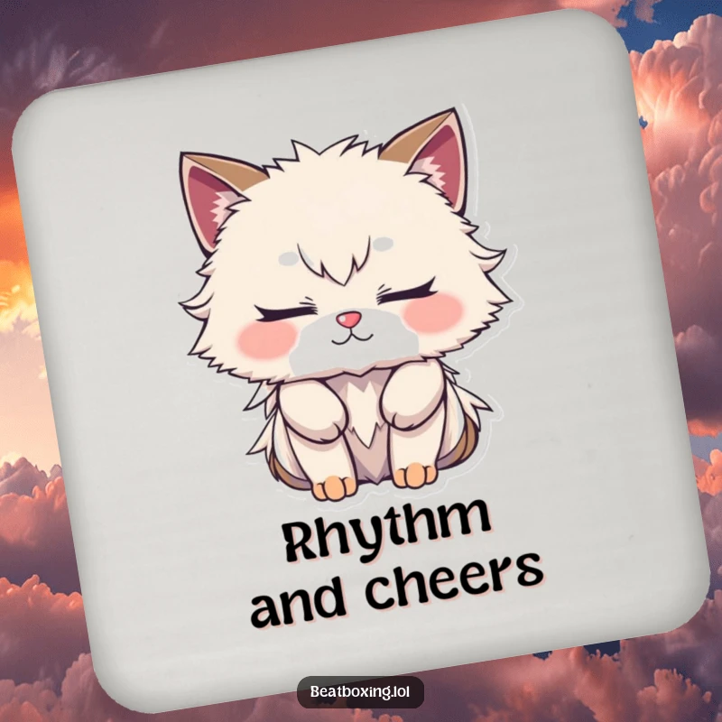 Funny drink coaster with a furry character, closed eyes, deeply focused on creating a complex rhythm, protecting surfaces with art.