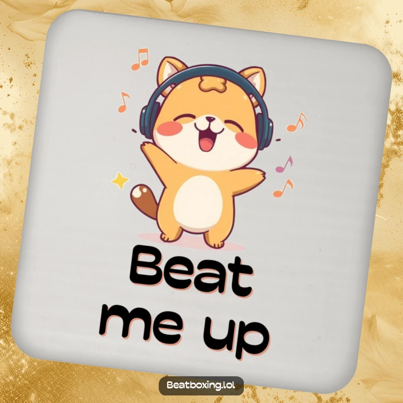 Funny drink coaster with a happy animal character energetically bobbing its head, protecting surfaces with musical flair.