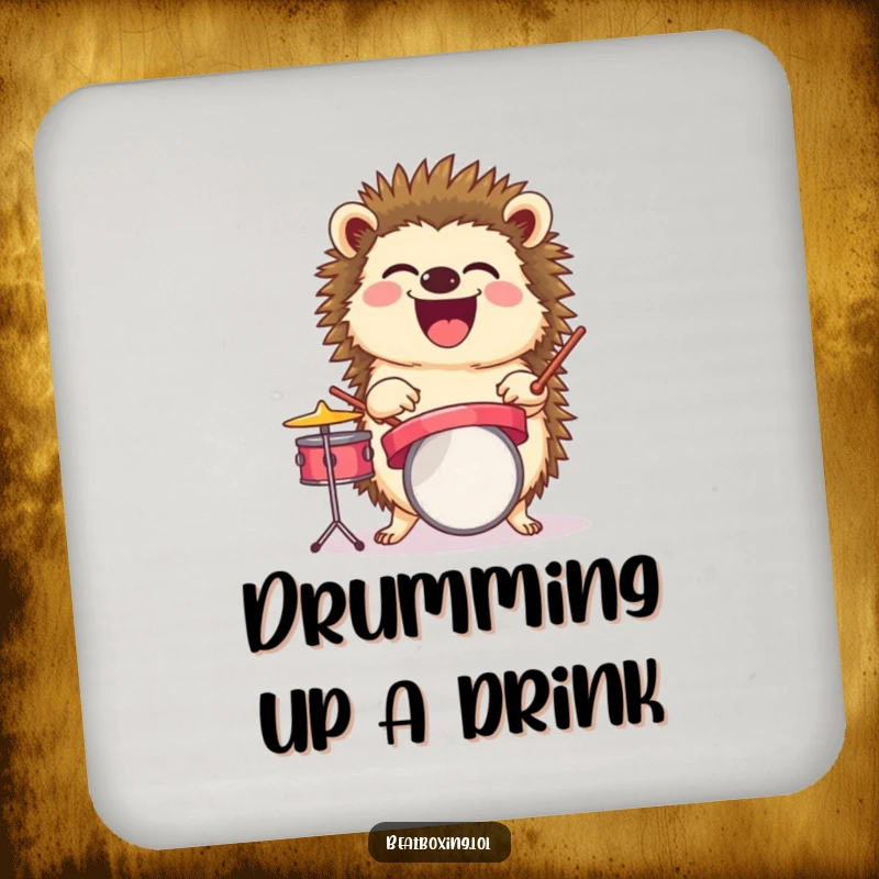 Funny drink coaster with a laughing hedgehog balancing a tiny drum set, adds musical humor to surfaces.