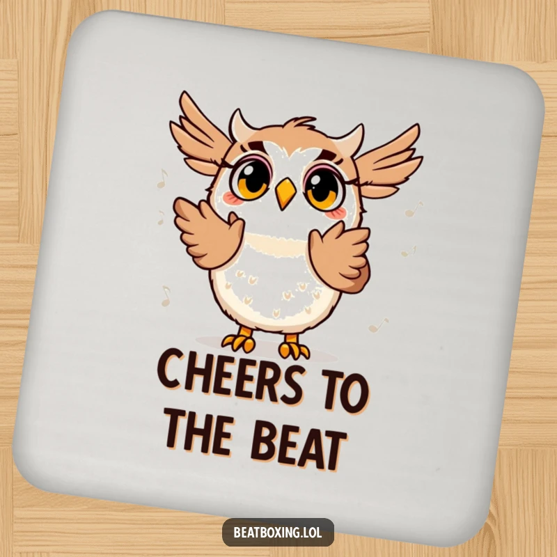 Funny drink coaster with a surprised owl character clapping its wings to a beat, adding a touch of musical humor to any setting.