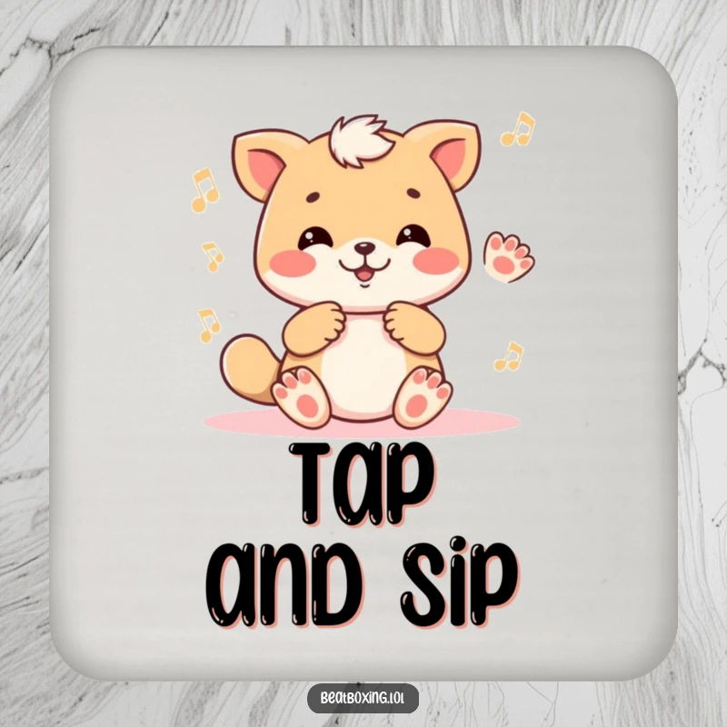 Funny drink coaster with a cute animal character tapping its paws rhythmically, protecting surfaces with musical flair.