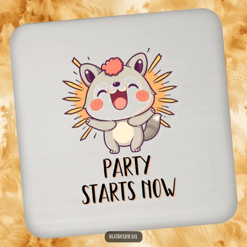 Funny drink coaster featuring a playful animal character making a visual 'BOOM' sound effect with comical impact.