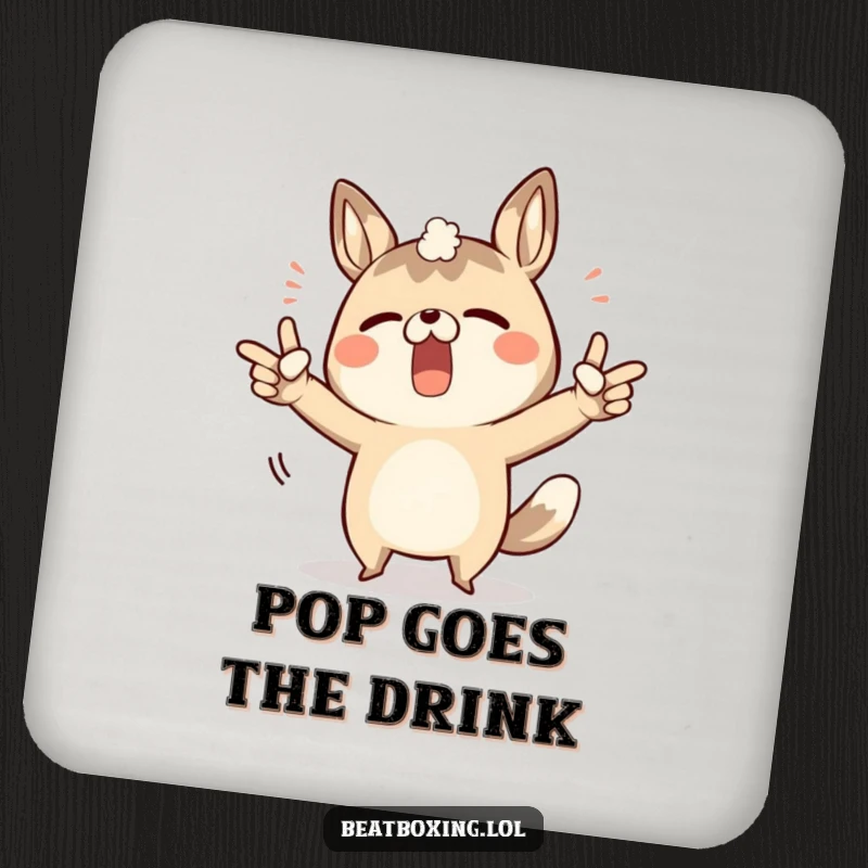 Funny drink coaster with a determined animal character pointing to its body to create sound effects.