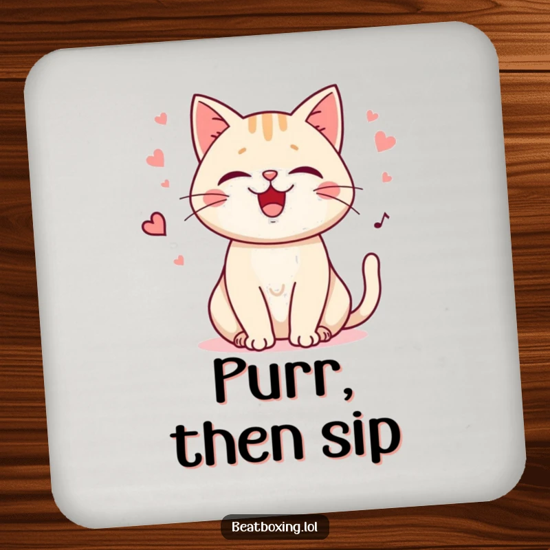 Set of Funny Purring Cat Coasters showcasing a happy cat purring with playful meows, protecting surfaces with soothing feline humor.