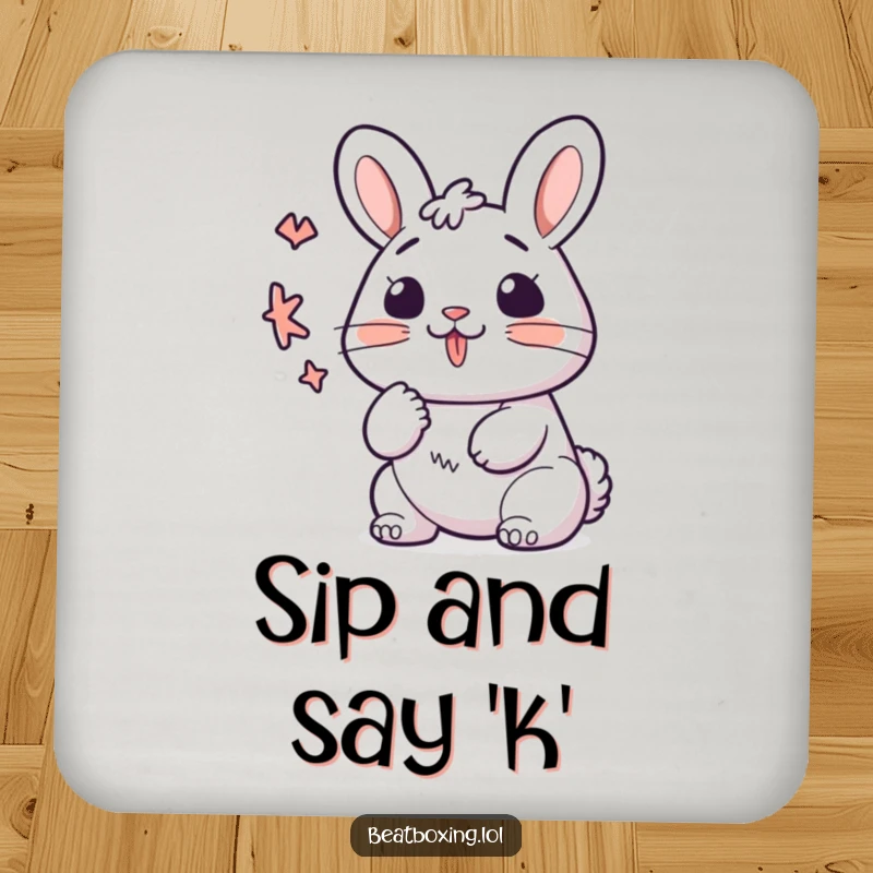 Funny kawaii bunny coaster, lips forming a 'K' sound rhythmically, protecting surfaces, perfect for drinks.