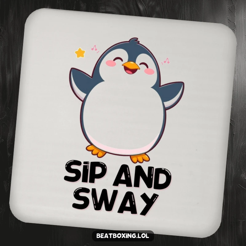 Funny penguin coaster featuring a joyous character vibrating with internal rhythm and hip movements, a humorous and functional accessory.