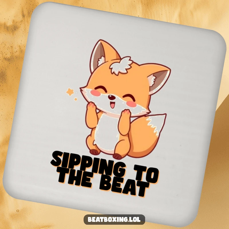Funny drink coaster with a playful fox wagging its tail and making beat motions, adds musical humor to surfaces.