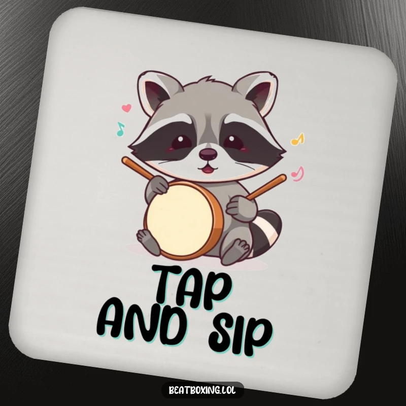 Funny raccoon coaster featuring a mischievous character mimicking drum sounds with its paws, a humorous and functional accessory.