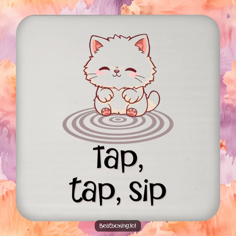 Funny drink coaster with a fluffy cat creating rhythmic patterns with its paws, adding a touch of cute and funny artistry.