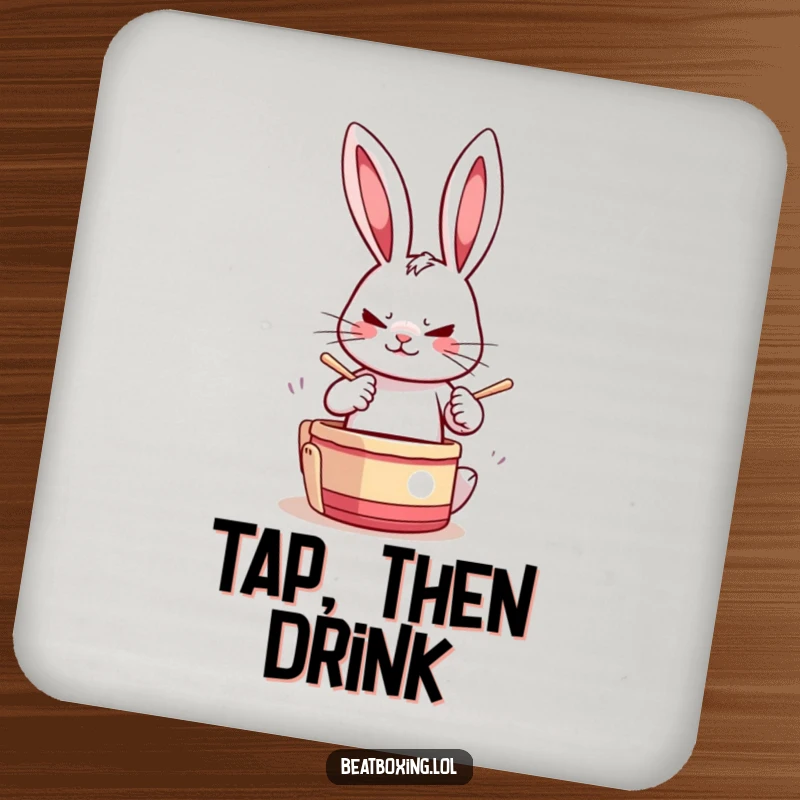 Set of Funny Drumming Rabbit Coasters showcasing a determined rabbit drumming paws rapidly, protecting surfaces with energetic musical humor.