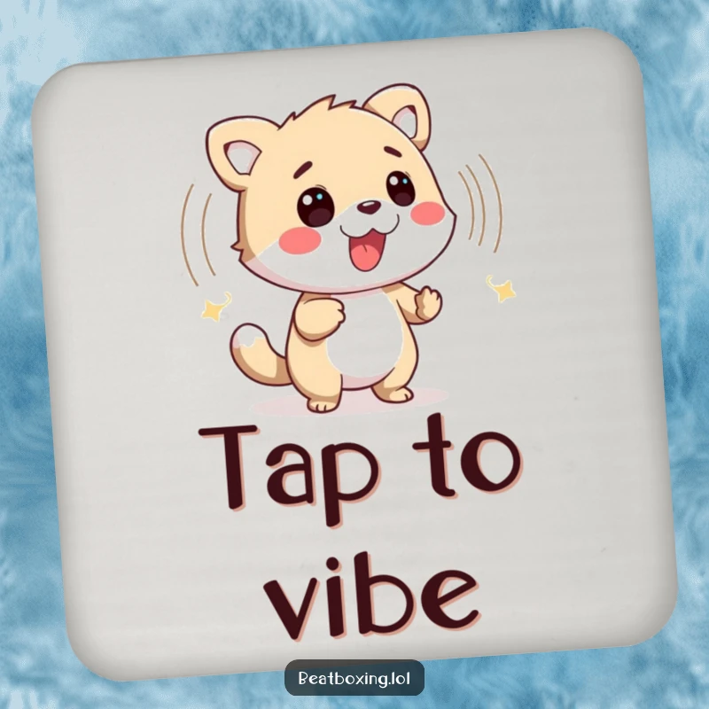 Funny drink coaster featuring a friendly animal character emitting a percussive sound wave, protecting surfaces.