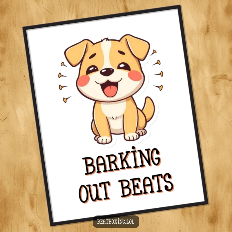 Funny happy dog poster showing sound waves from a dog's rhythmic barks, a cheerful and humorous art piece.