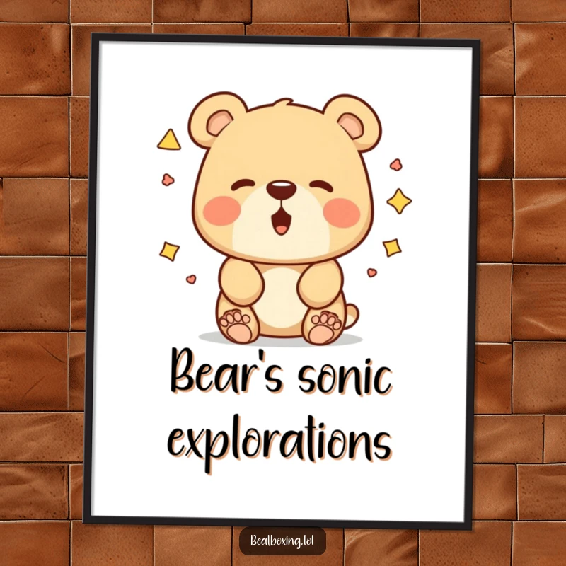 Funny bear poster showing a curious bear with various mouth shapes, illustrating unique sound experiments, a humorous art gift.