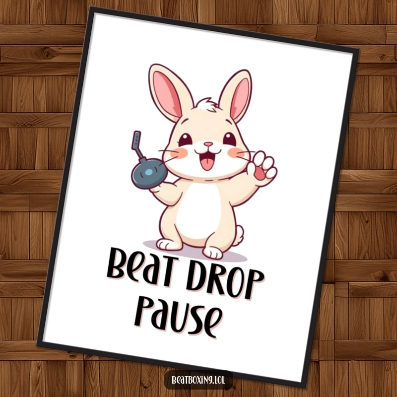 Funny poster art of a delighted rabbit mid-record scratch, bringing energetic musical vibes to any room.