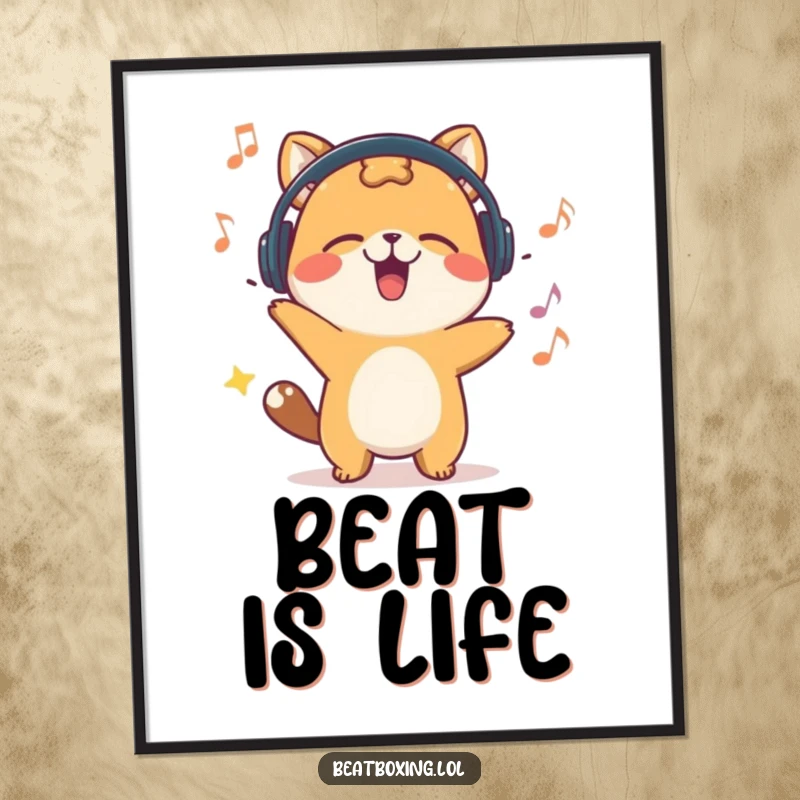 Funny poster featuring a happy animal character energetically bobbing its head to an imaginary beat, evoking musical energy.