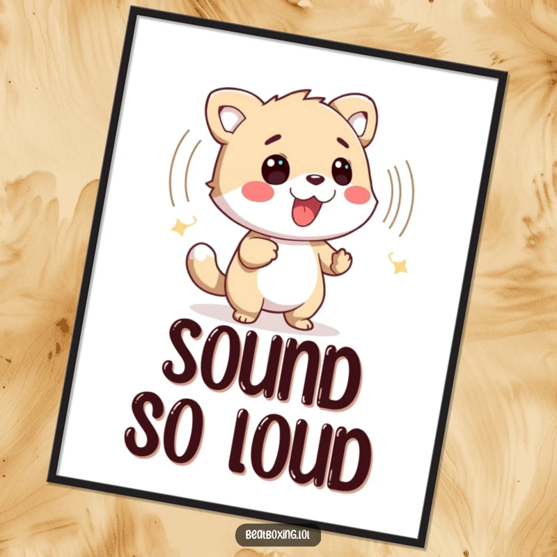 Funny poster art of a friendly animal character creating a dynamic percussive sound wave, symbolizing music.