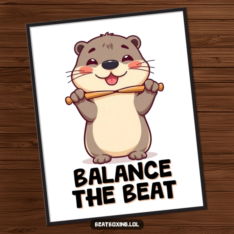 Funny poster art of a cheerful otter wobbily balancing drumsticks on its nose, radiating pure, unadulterated glee.