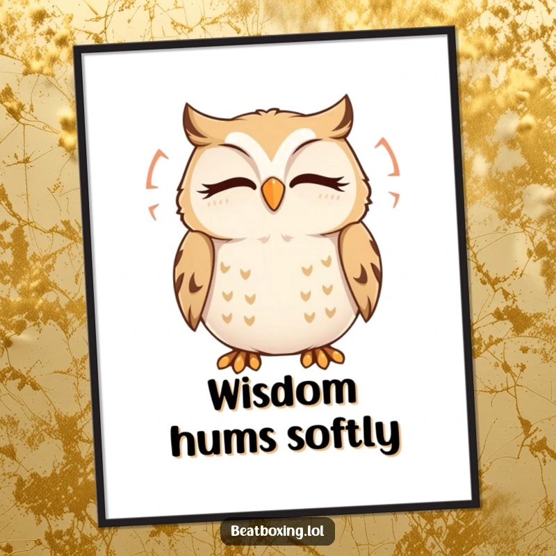 Funny Owl Poster: A delighted owl humming with visible sound ripples, perfect for creating a peaceful and calming wall art.