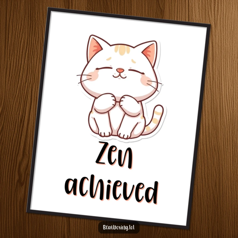 Funny poster artwork of a cat purring deeply, eyes closed, radiating pure contentment.