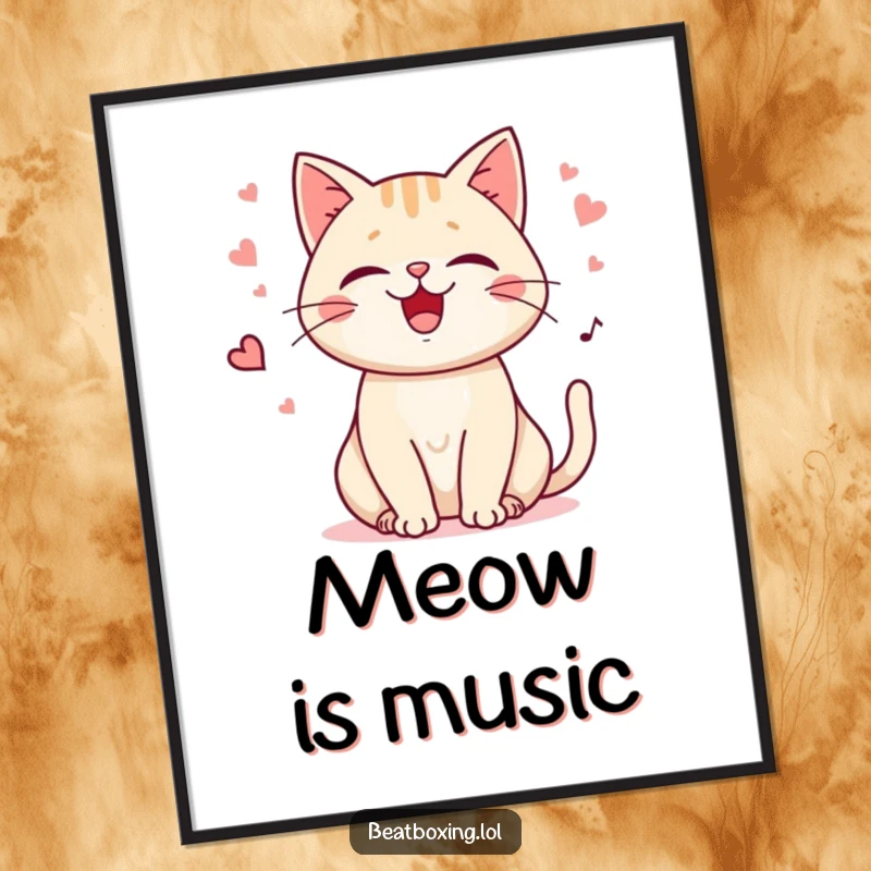 Funny Purring Cat Poster featuring a happy cat character purring a steady beat, punctuated by playful meows, ideal for calming decor.