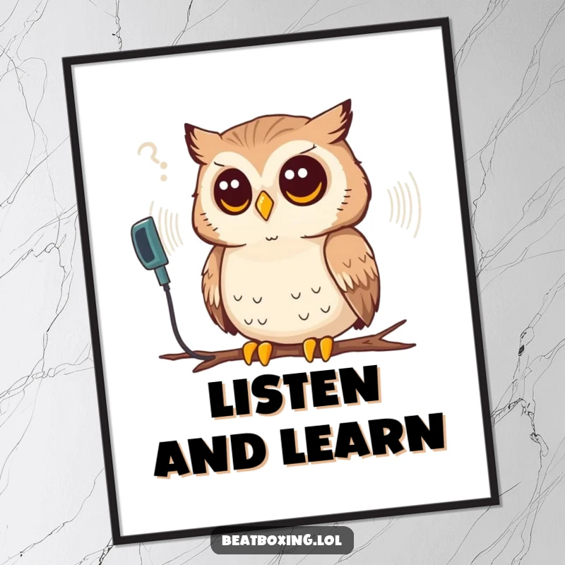 Funny poster art of a thoughtful owl deeply focused on analyzing a synthesized sound wave, evoking contemplation.