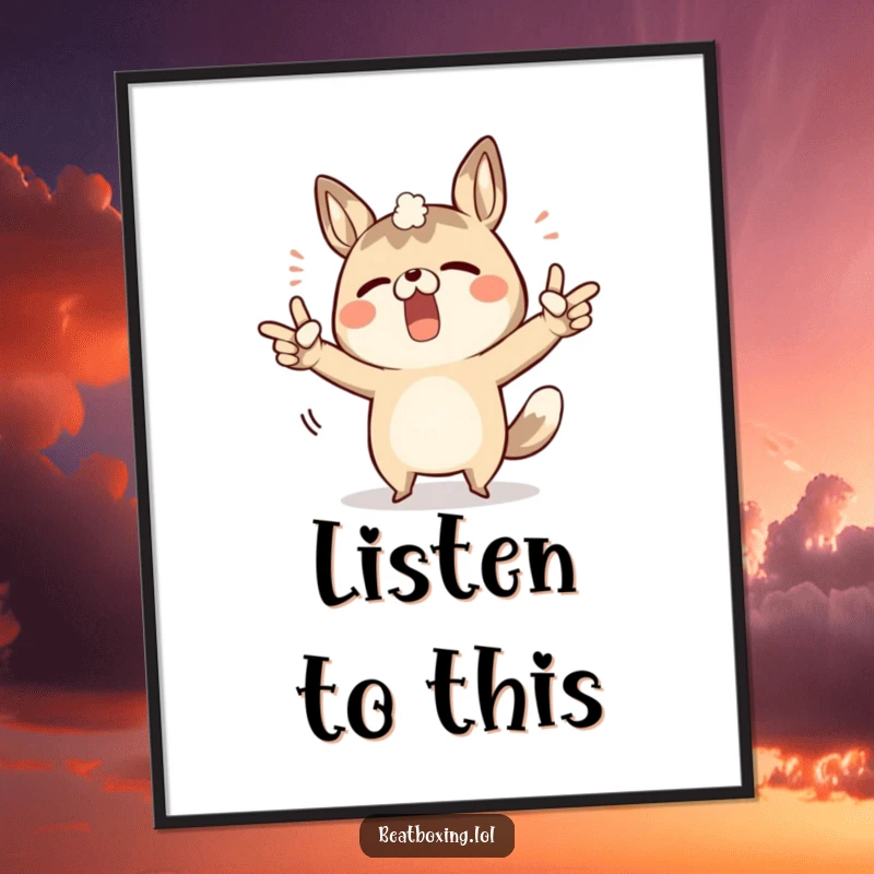 Funny poster of a determined animal character energetically pointing to body parts to create sounds.