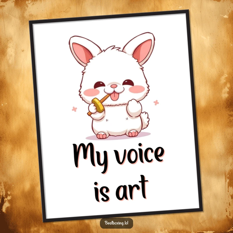 Funny poster featuring a fluffy bunny character enthusiastically beatboxing. Humorous wall art for music lovers.