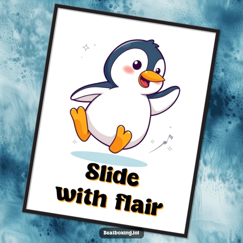 Funny Cool Penguin Poster featuring a stylish penguin character sliding and spinning to an imaginary beat, ideal for trendy and humorous decor.