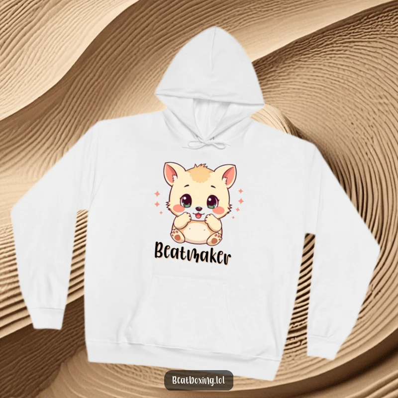 Funny hoodie with a small animal character, wide eyes, mimicking percussive sounds with its paws, embodying a love for rhythm.