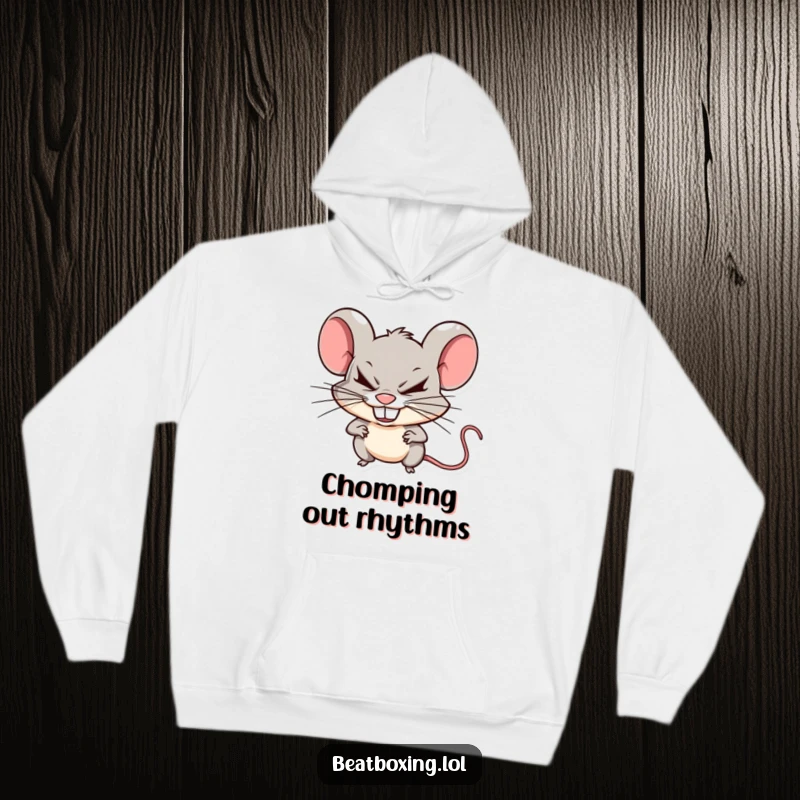 Funny mischievous mouse hoodie with a mouse creating sharp beats by clicking its teeth, a warm and humorous gift.