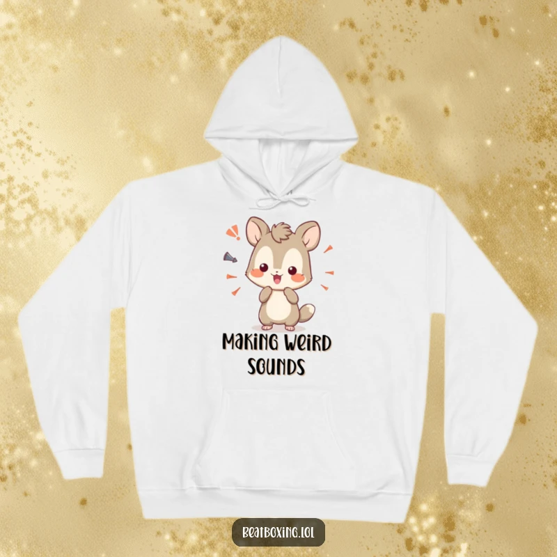 Funny hoodie with a curious animal character playfully experimenting with a variety of sound effects.