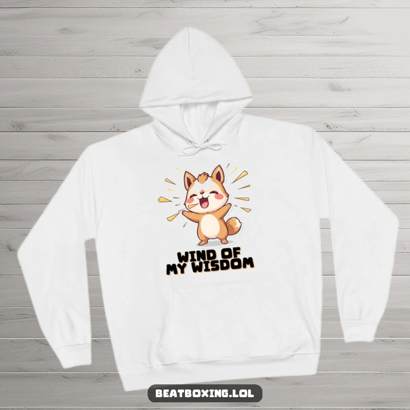 Funny hoodie depicting an animal character blowing air outwards rhythmically, exuding vibrant energy.