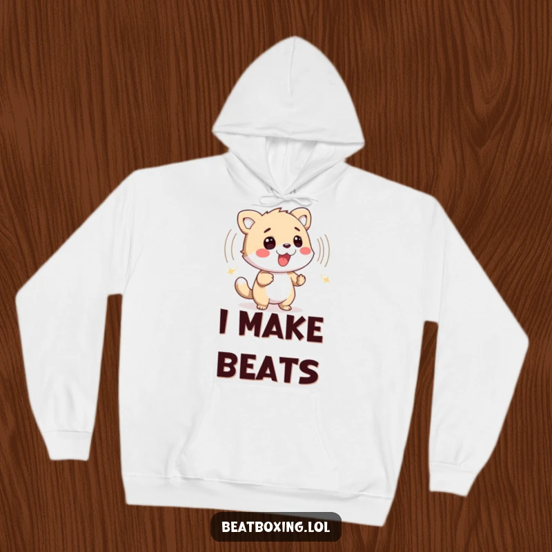 Funny hoodie depicting a friendly animal character producing a visual percussive sound wave, radiating musical vibes.