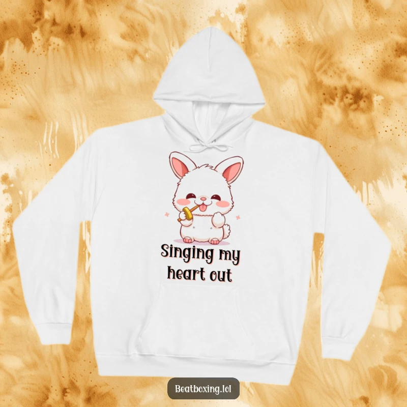 Funny hoodie with a fluffy bunny character enthusiastically beatboxing. Comfortable and humorous apparel for music enthusiasts.
