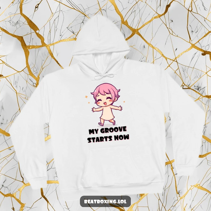 Funny Hoodie depicting a character with a playful expression, body actively engaged in joyful rhythmic movement, perfect for casual wear.