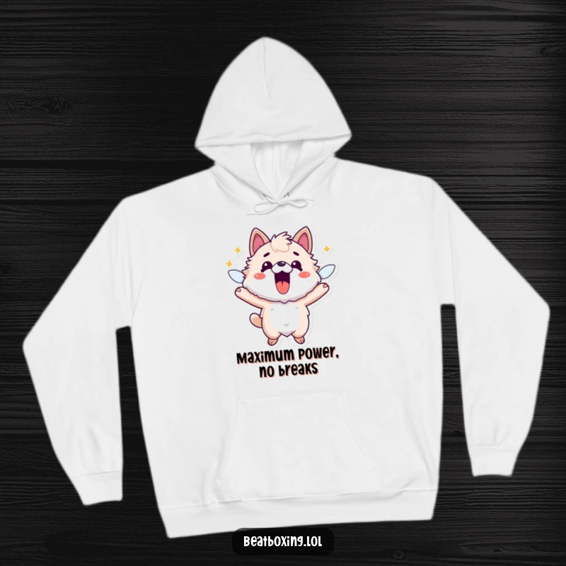 Funny hoodie featuring a fuzzy animal character buzzing with infectious energy, mouth open wide in a cheerful, humorous pose.