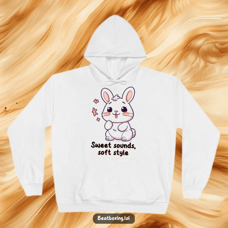 Funny kawaii bunny hoodie, lips forming a 'K' sound with quick rhythm, cozy and expressive for music lovers.