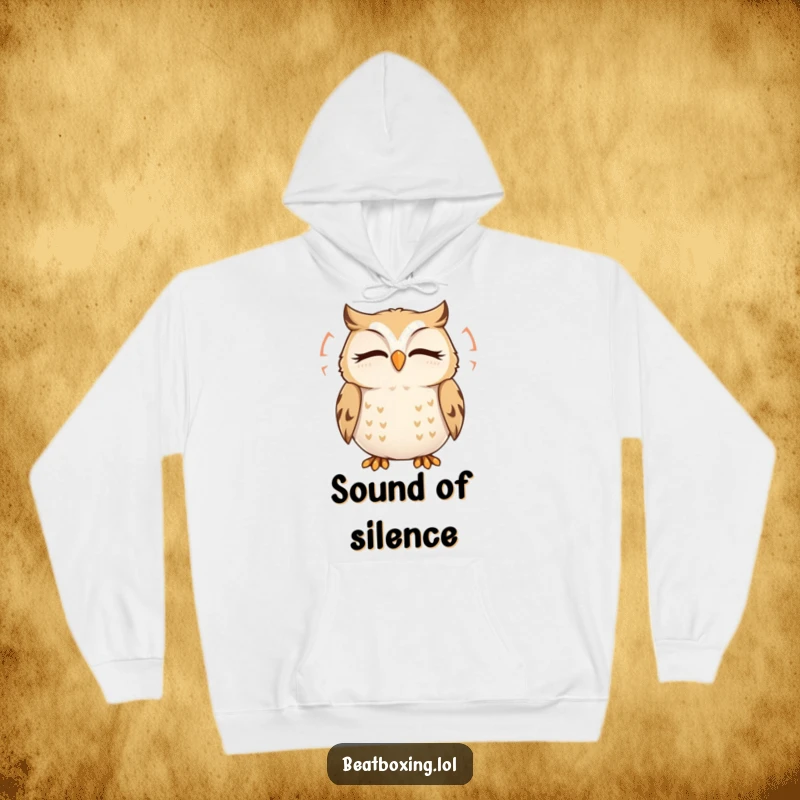 Funny Owl Hoodie: A delighted owl enjoying a hum, with visible sound ripples, perfect for cozy, peaceful wear.