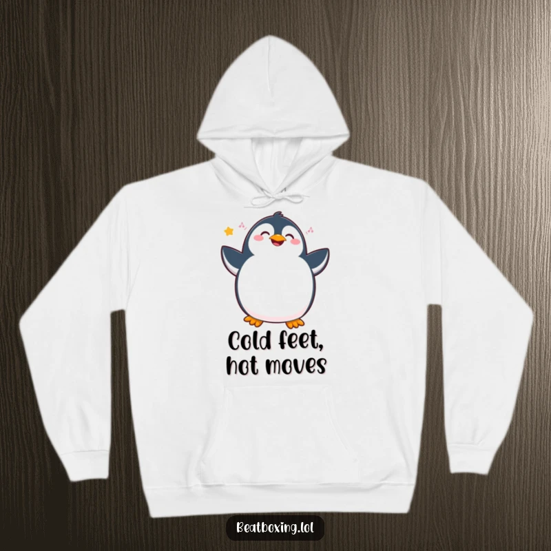 Funny penguin hoodie showcasing a joyous bird vibrating with internal rhythm and hip movements, perfect for a cozy laugh.