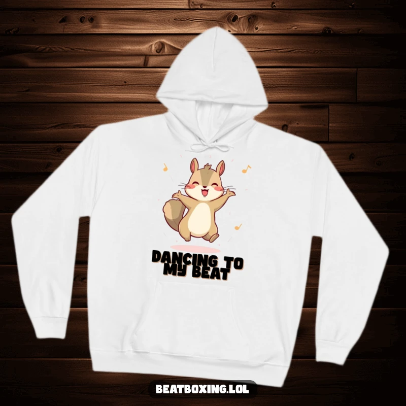 Funny hoodie with a happy squirrel energetically bouncing to an unheard rhythm. Comfortable and humorous apparel for all.