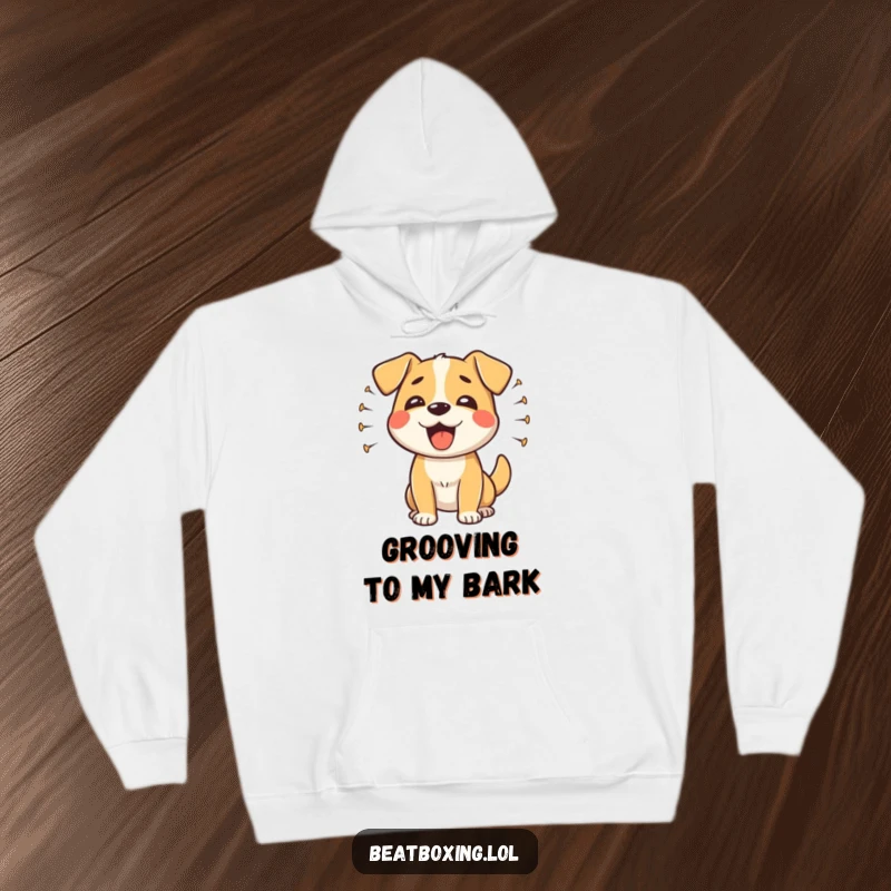 Funny happy dog hoodie with a dog barking rhythmically and sound waves, a warm and humorous gift.