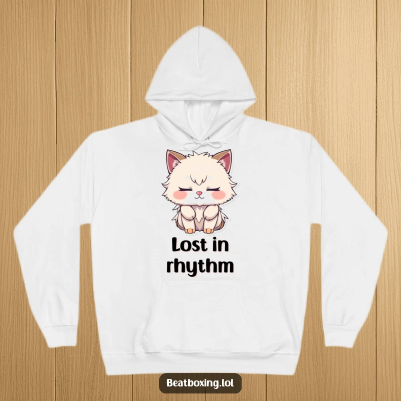 Funny hoodie with a furry character, closed eyes, deeply focused on creating a complex rhythm, embodying creative concentration.