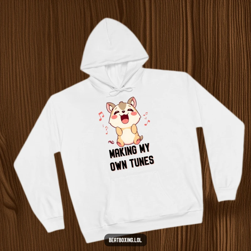 Funny Animal Sound Hoodie: A cute animal character is depicted with its mouth open, making rhythmic sounds, a funny gift.