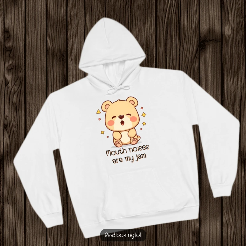 Funny bear hoodie showcasing a curious bear shaping its mouth for funny sounds, a warm and humorous gift for enthusiasts.
