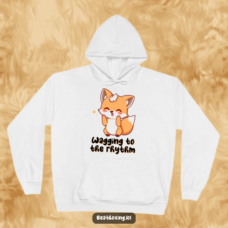 Funny hoodie illustration of a playful fox wagging its tail and creating beat motions with its hands, a great gift.
