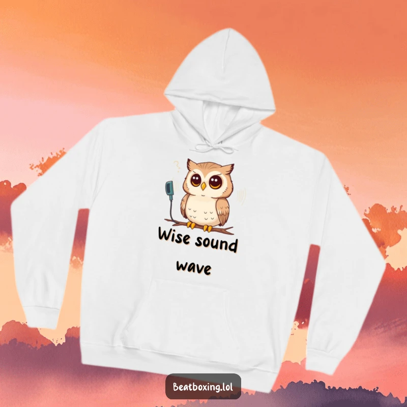 Funny hoodie with a thoughtful owl intently listening to a mesmerizing synthesized sound wave, symbolizing deep connection.