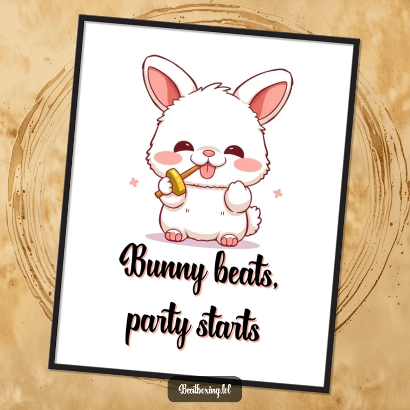 Funny Free Printable Wall Art of a fluffy bunny character enthusiastically beatboxing, creating a fun, rhythmic visual.