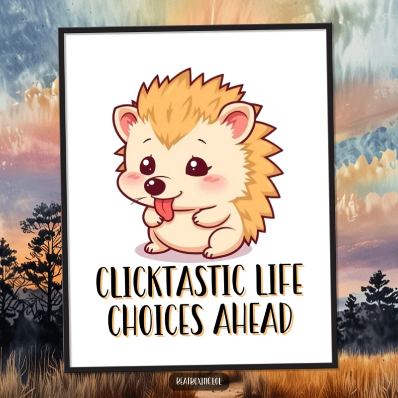 Funny Free Printable Wall Art: A small hedgehog making a rapid tongue clicking sound, adding quirky charm to your wall.