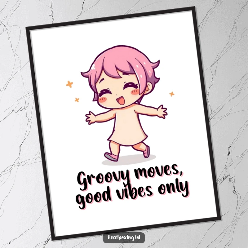 Funny free printable wall art depicting a character with a playful expression, body engaged in energetic rhythmic movement, full of life.